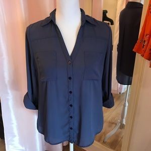 Deep blue chiffon shear button down blouse